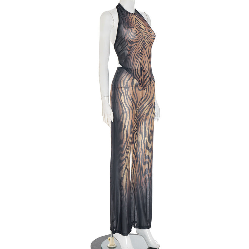 Women's Summer Autumn Mesh Printed Halter Neck Lace-Up Top and Pants Set 6