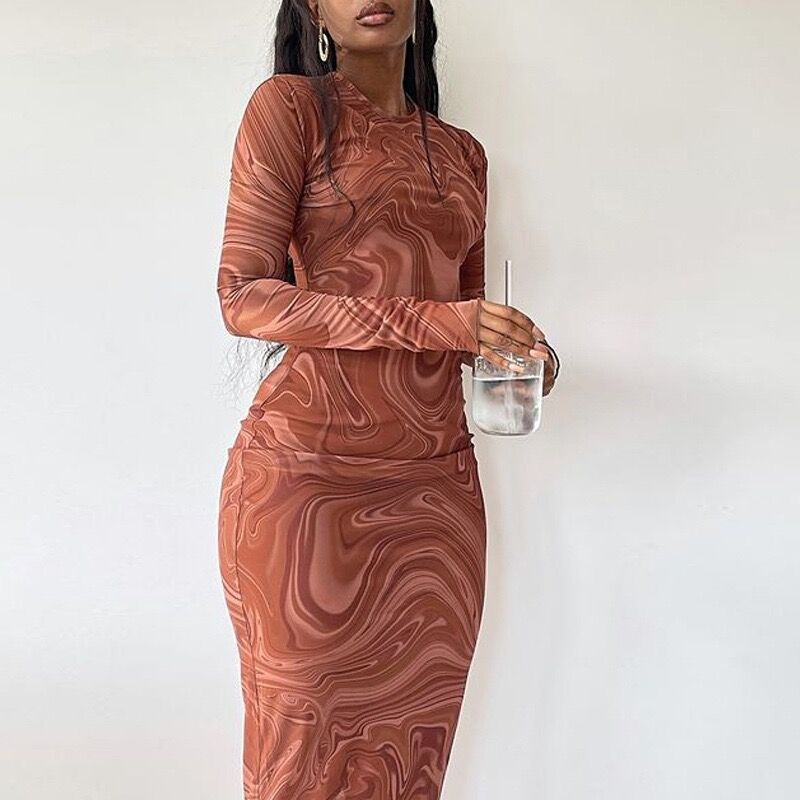 Women Fall Long Sleeve Printed Round Neck Maxi Dress 7
