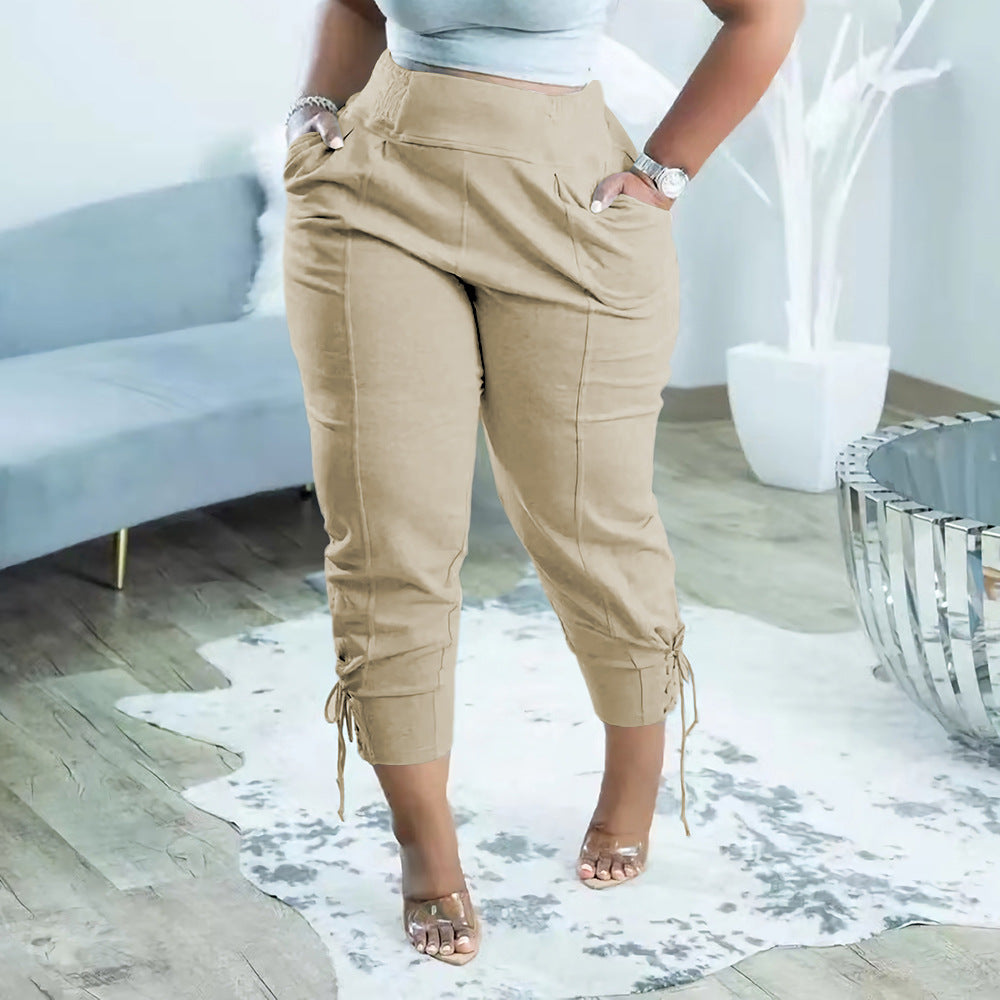 Women Summer Casual Solid Drawstring Lace-Up Stretch Trousers 5