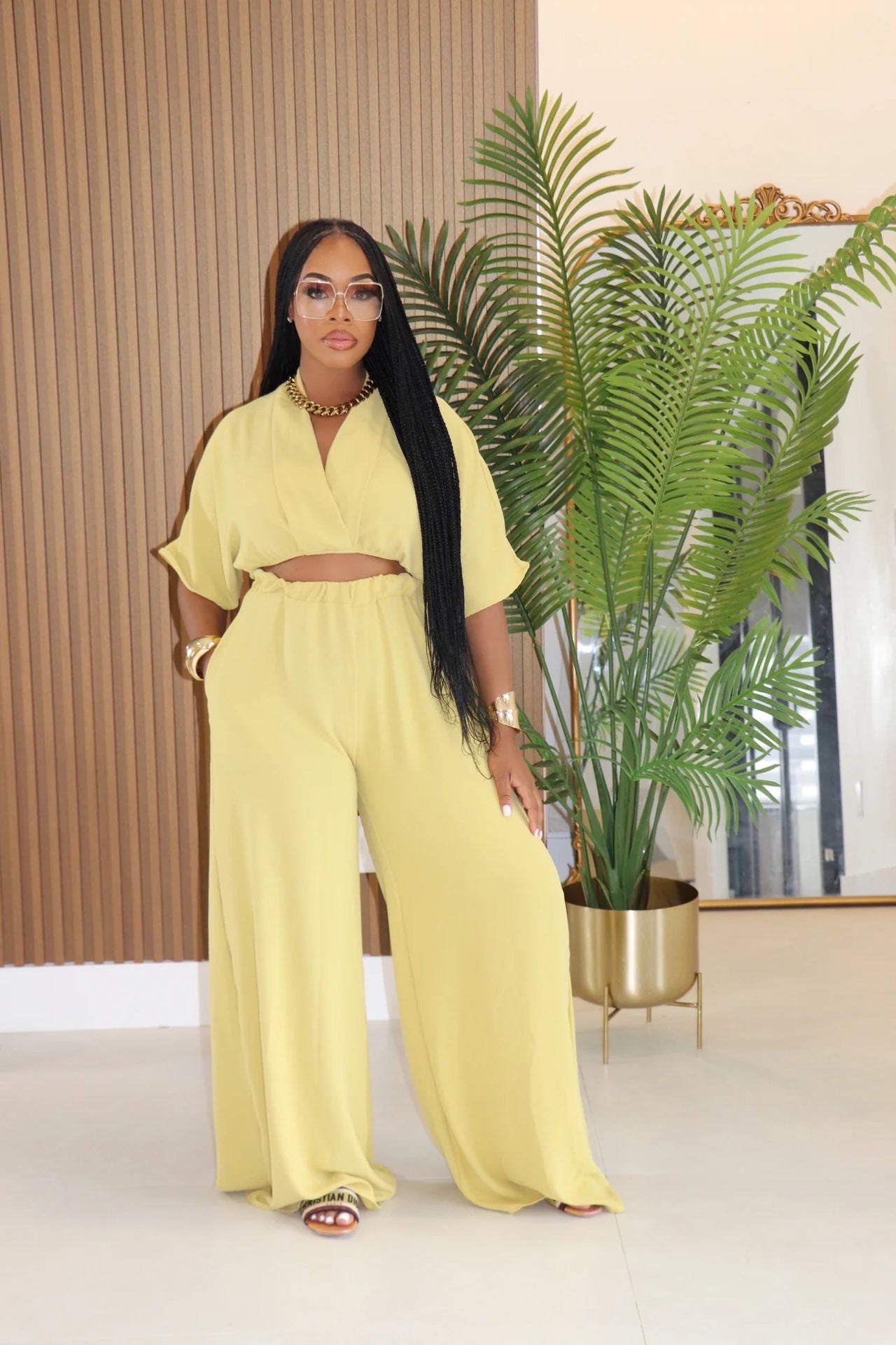 Women Casual V-Neck Crossover Top and Wide-Leg Pants Two-Piece Set 4