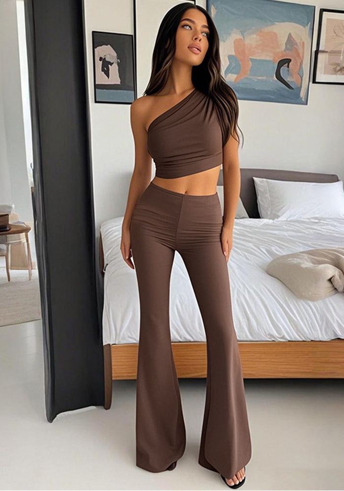 Women Casual Solid One Shoulder Crop Top and Pants Two-piece Set