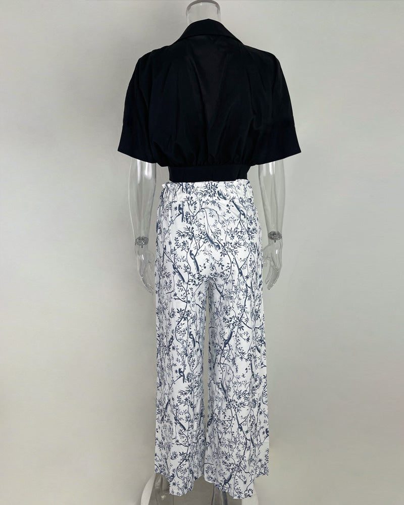 Women Clothes V-Neck Cropped Shirt Top Print Career Wide Leg Pants Two Piece Set 13