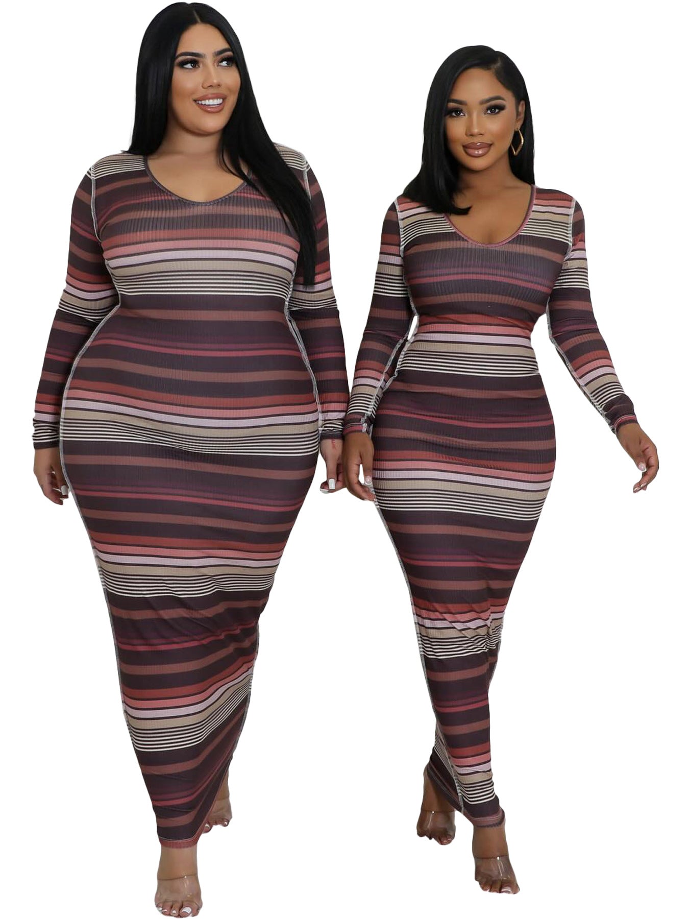 Women Ribbed Printed Stripe Round Neck Long Sleeve Dress 6