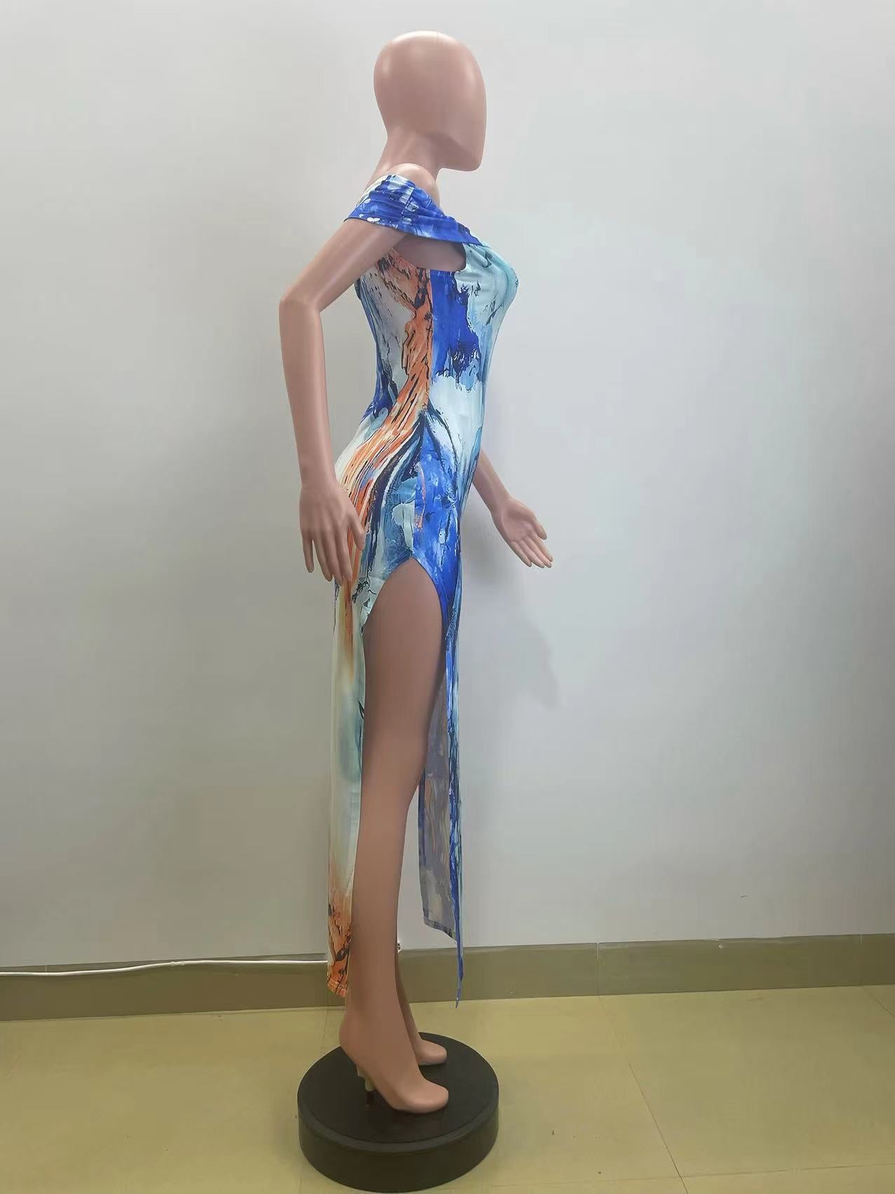 Women Multi-Color Printed Off Shoulder Sexy Slit Dress 8