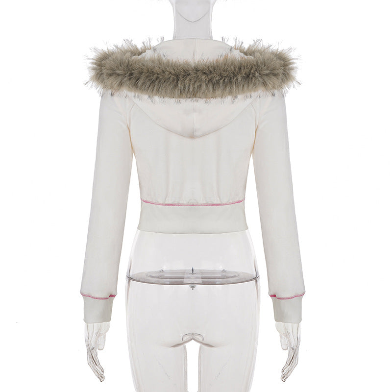 Women American-Style Fall/Winter Sport Velvet Letter Print Fur Collar Hooded Long-Sleeved Jacket and Pants Two-Piece Set 23