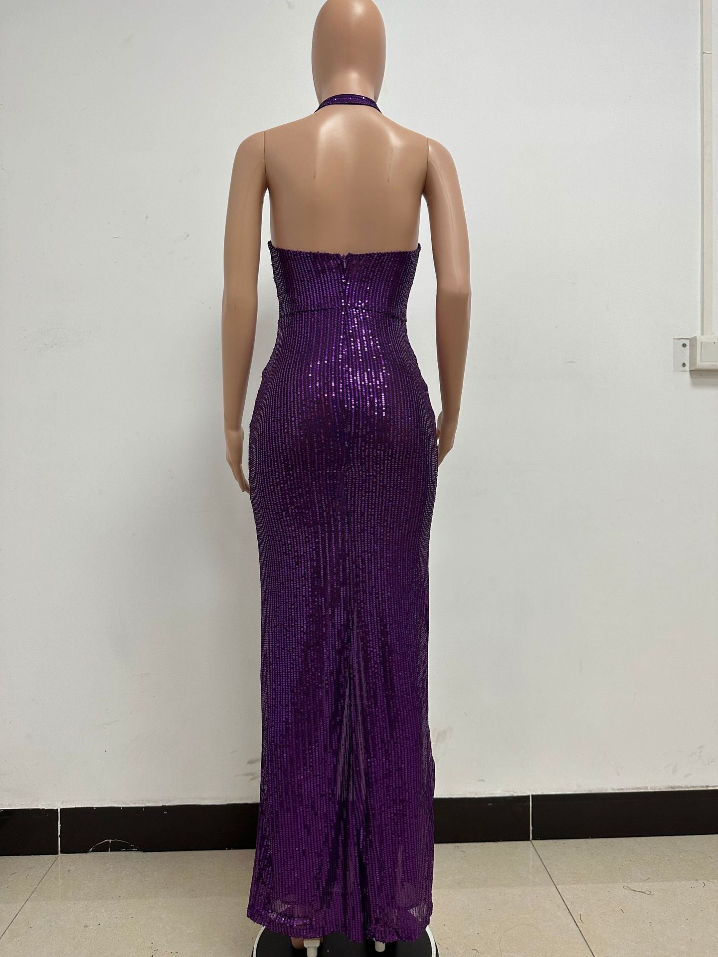 Women Sleeveless Halter Neck Backless Sequin Slit Evening Dress 61