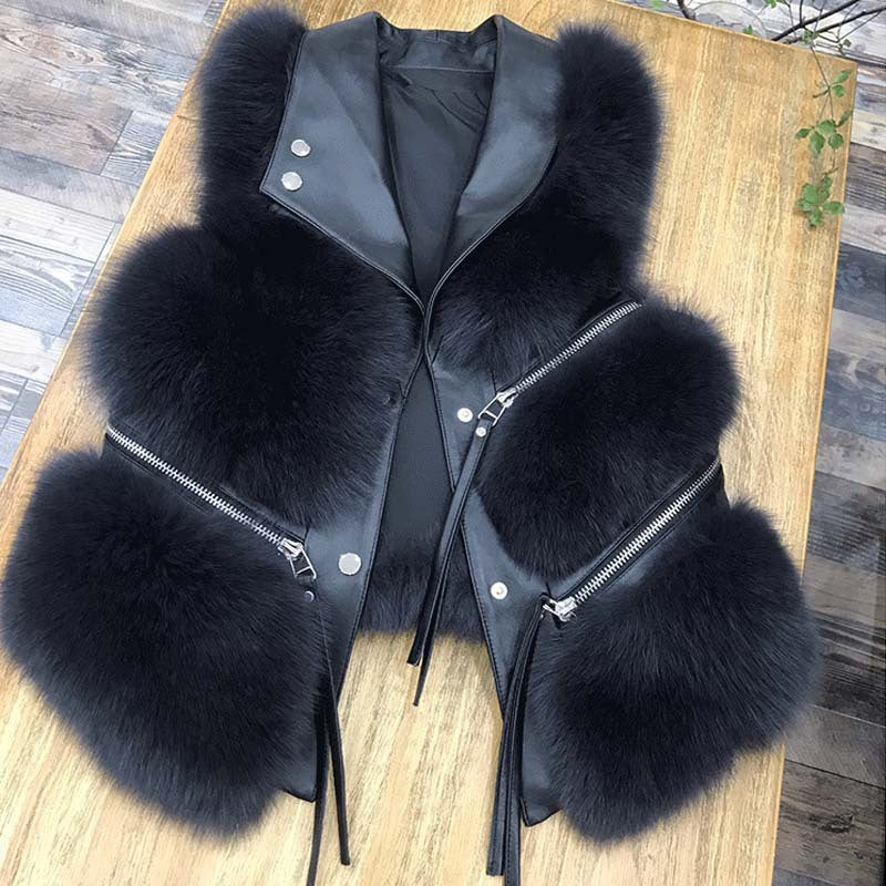Autumn Winter Fox Fur Vest Turndown Collar Zipper Short Patchwork Faux Fur Fashion Sleeveless Coat 4