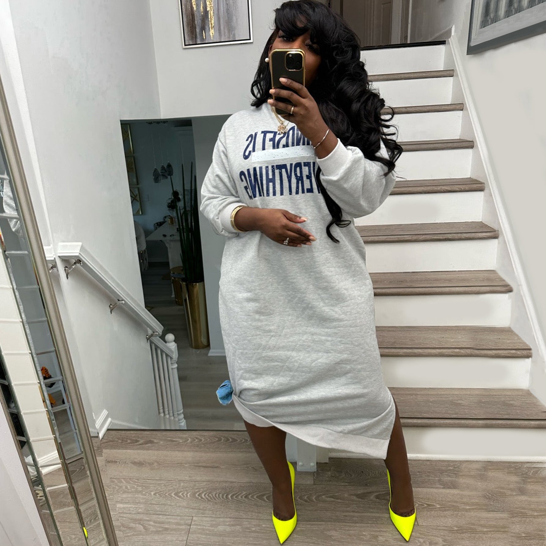 Plus Size Women's Casual Letter Print Contrast Color Loose Long Sleeve T-Shirt Dress 7