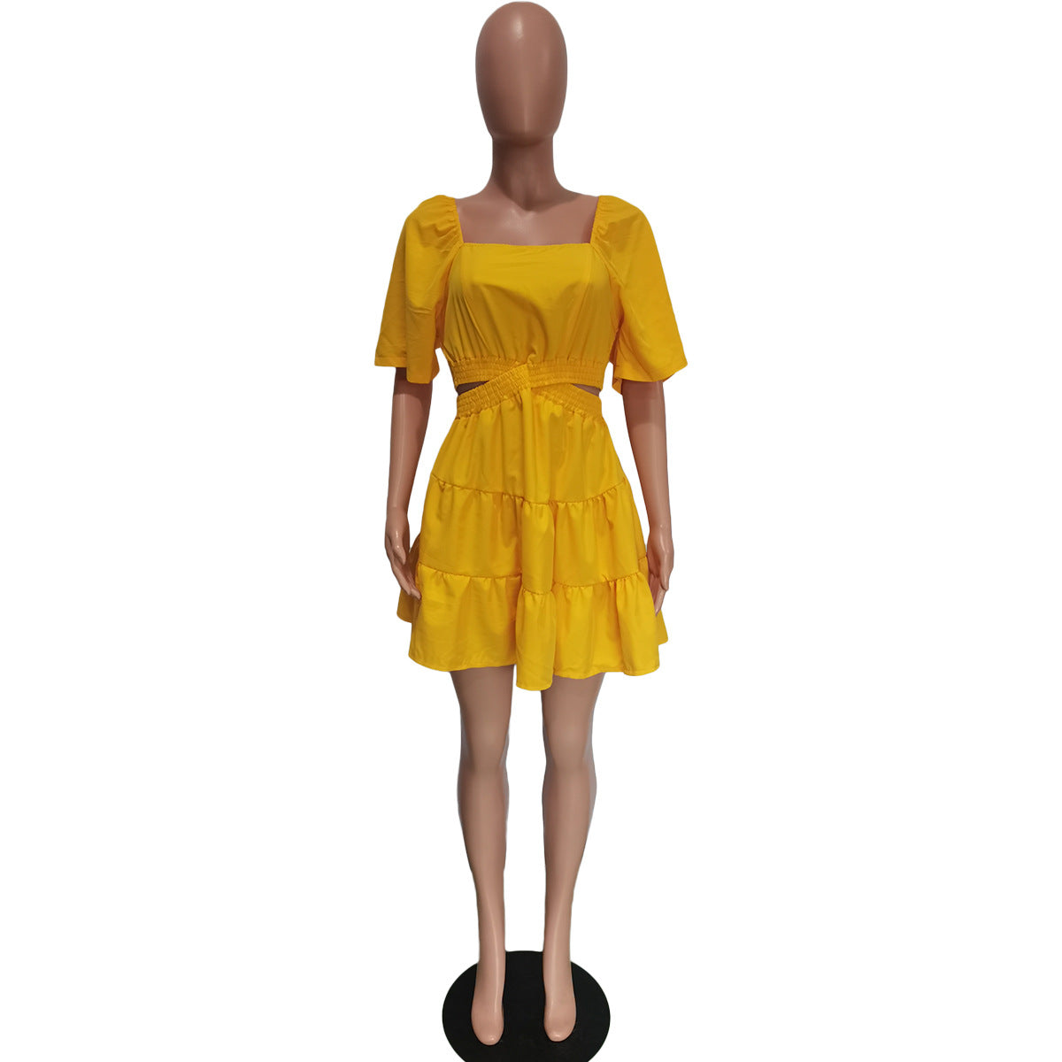 Women Summer Solid Square Neck Cutout Ruffle Dress 7