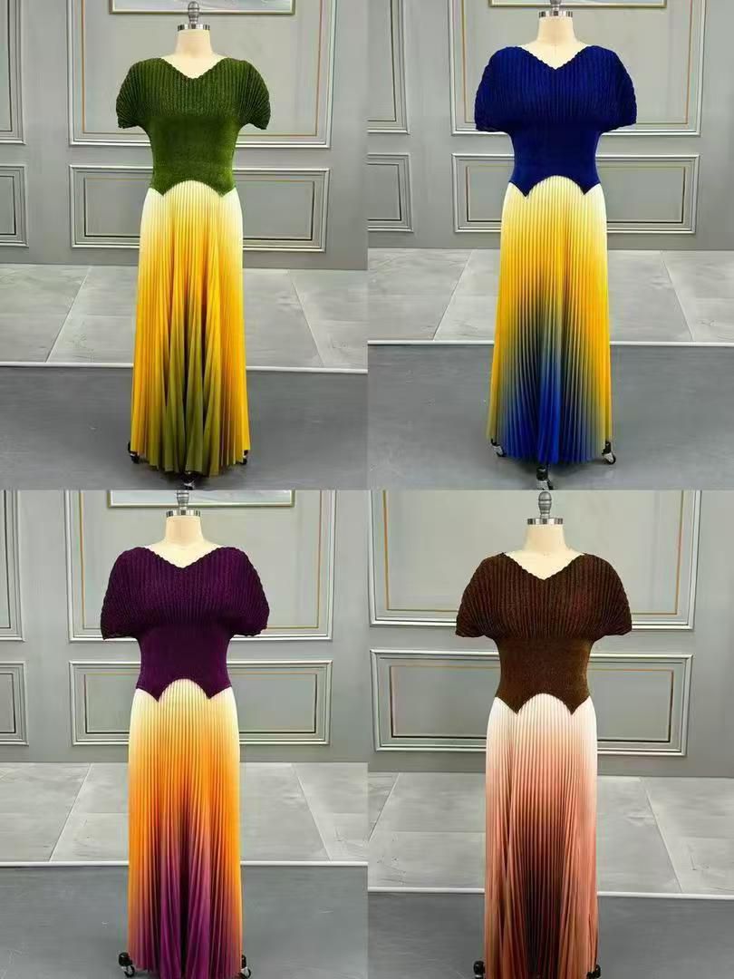 Pleated solid color v-neck top gradient pleated long skirt two-piece set for women 13