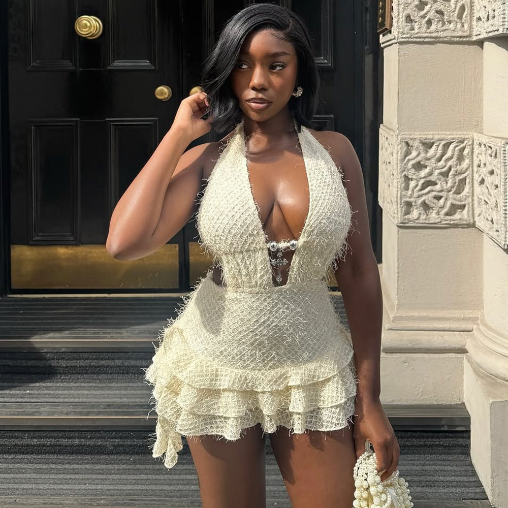 Women's V-Neck Cut-Out Tie-Up Lace-Up Low Back Fuzzy Mini Puffy Dress 3