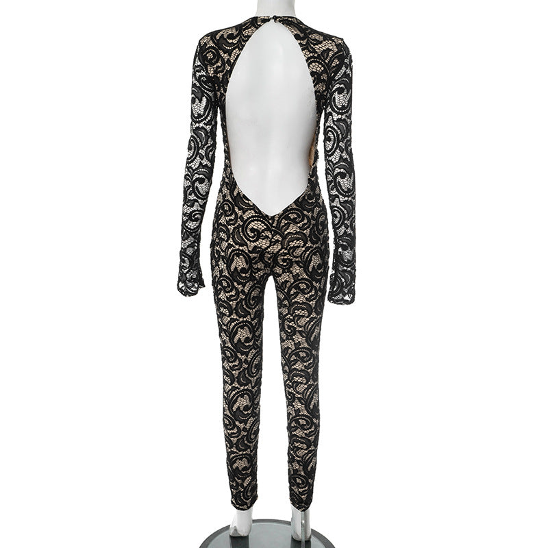 Women's Spring-Summer Round Neck Lace Low Back Jumpsuit 8