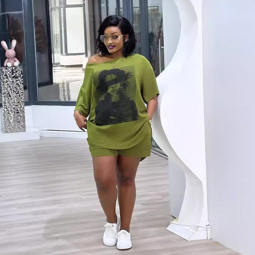 Women Printed Slash Shoulder Top and Shorts Two-piece Set 3
