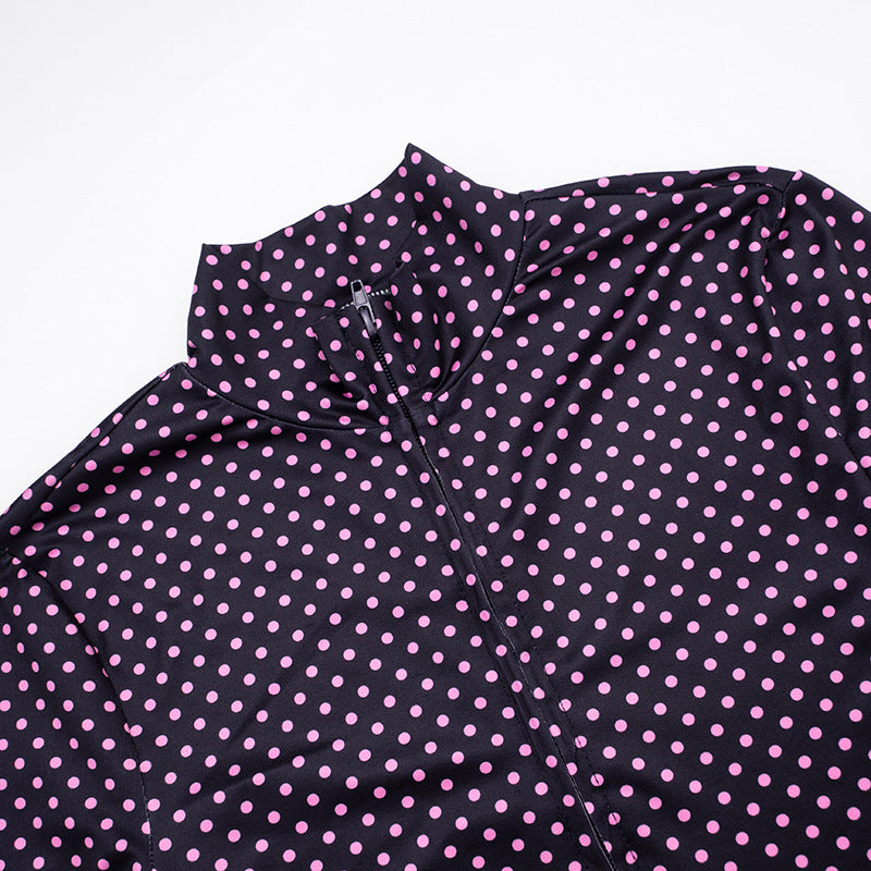 Women polka dot print long-sleeved zippered top and shorts two-piece set 9