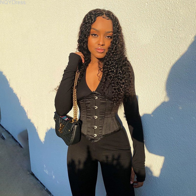 Women's Autumn Solid Color Corset Zipper Tight Fitting Casual Jumpsuit Two Piece Set 11