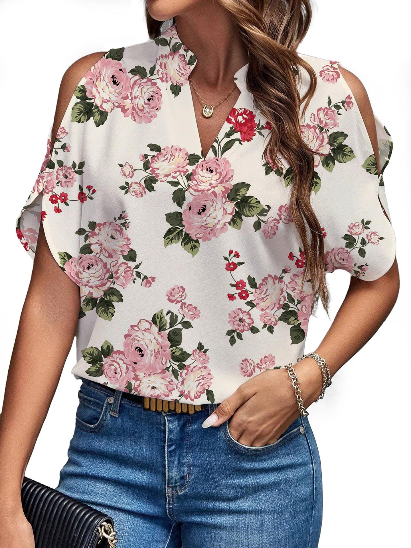 Women's Summer Solid Color V-Neck Cutout Short Sleeves Chic Fashion Women's Top 31