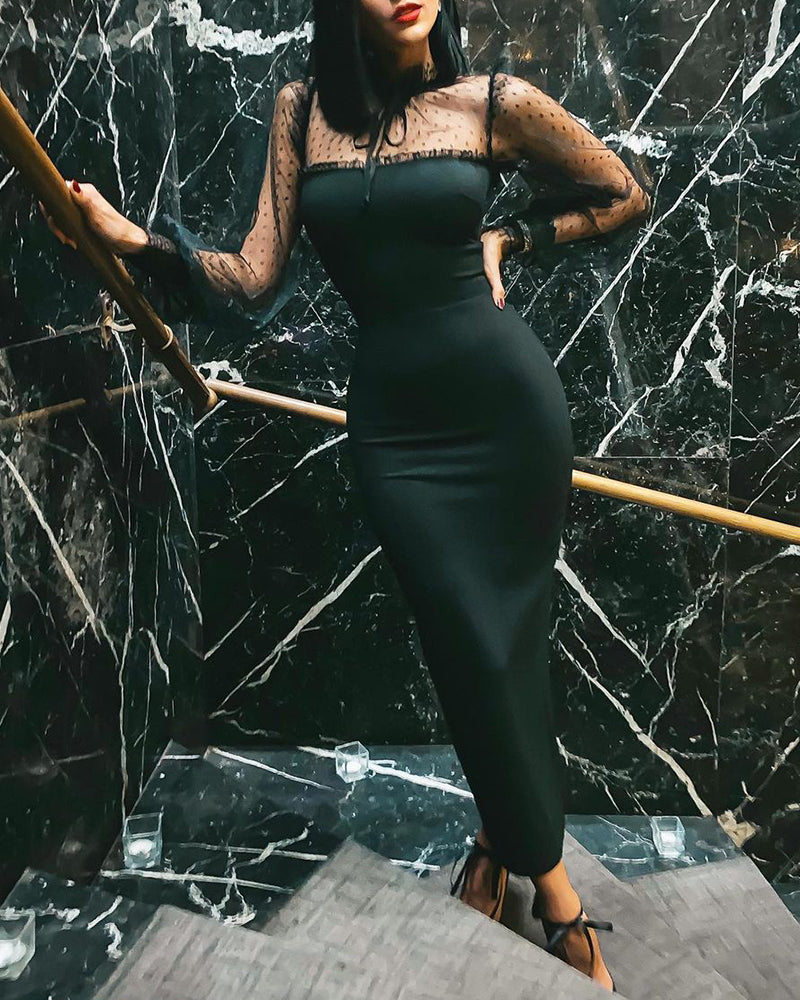 Women Black Mesh Patchwork Lantern Dress