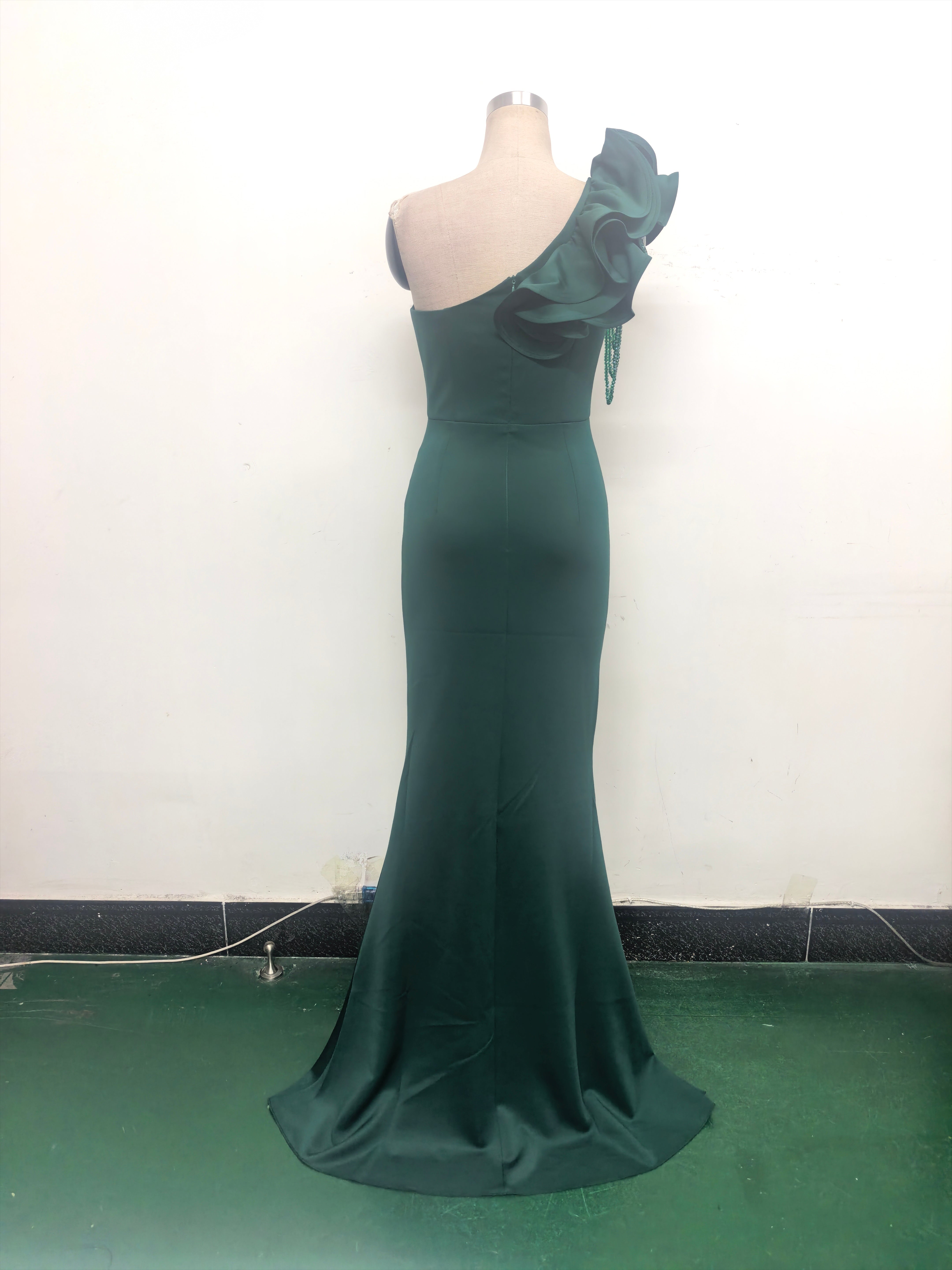 Women One-Shoulder Beaded Wool and Floral Satin Slit Sexy Evening Dress 33