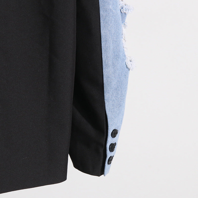 Women's Autumn Contrast Color Denim Patchwork Loose Jacket 18