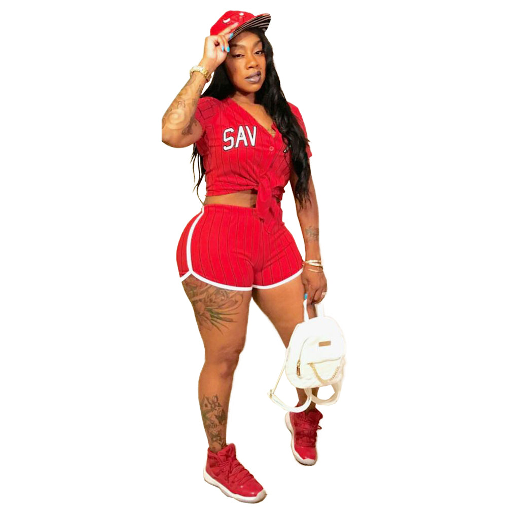 Women Sexy Women Striped Letter Baseball Top and Skirt Two-piece Set 17