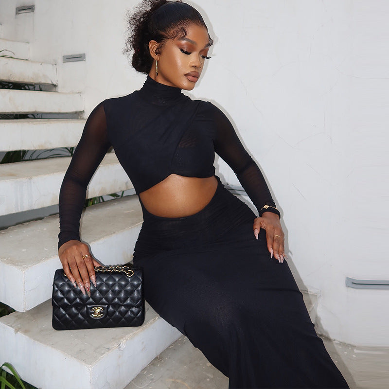 Women Solid mesh Patchwork Long Sleeve Hollow Chic Casual Dress 5