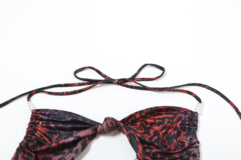 Women's Spring Halter Neck Tie Beaded Chain Slim Low Back Sexy Dress 29