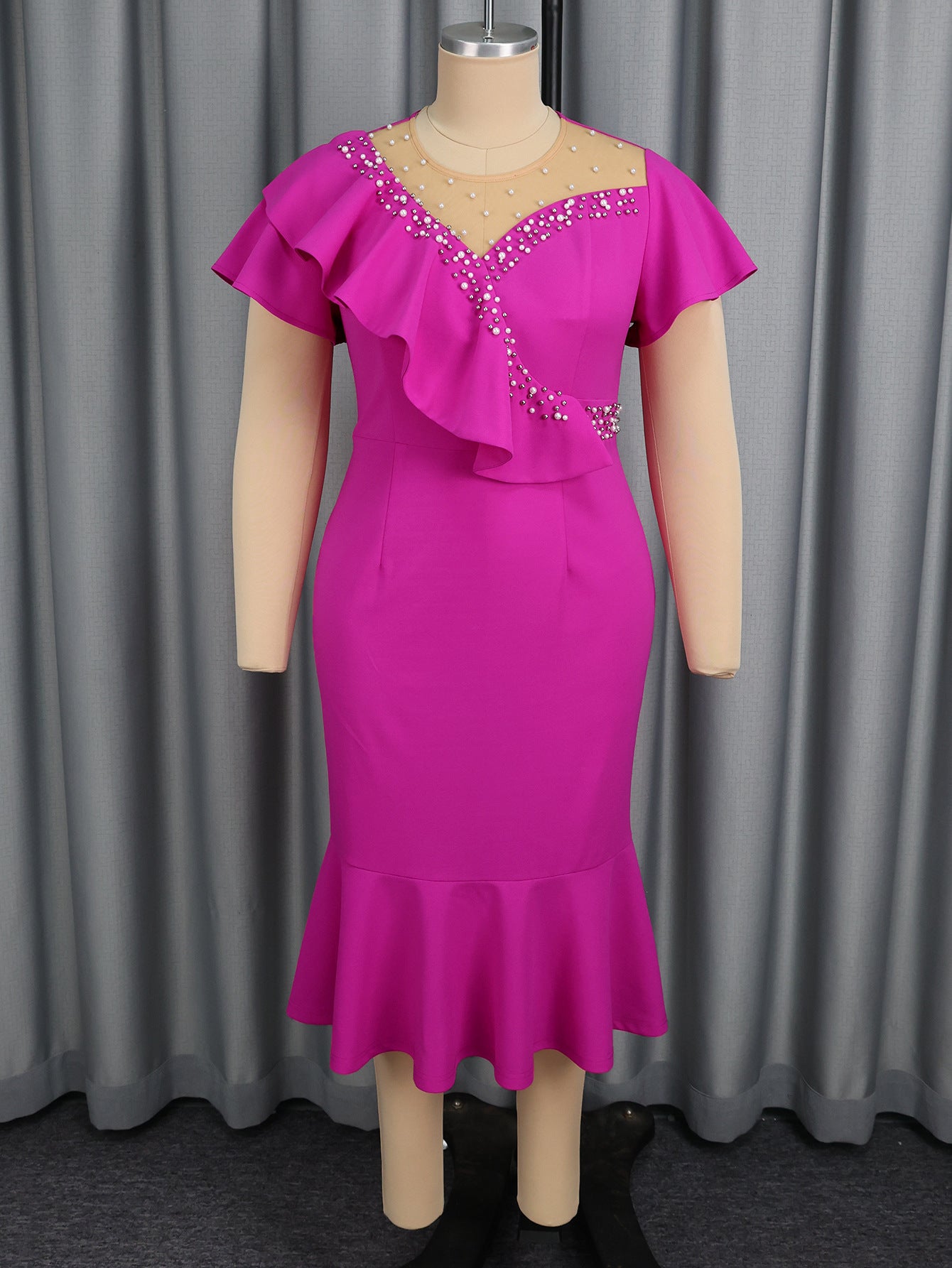 Plus Size Women's Flounce Mesh Patchwork Dress Rhinestone Chic Elegant Midi Dresses 6