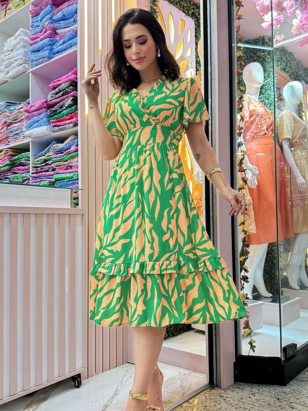 Women Ruffle V Neck Short Sleeve Slim Waist Chic Midi Dress