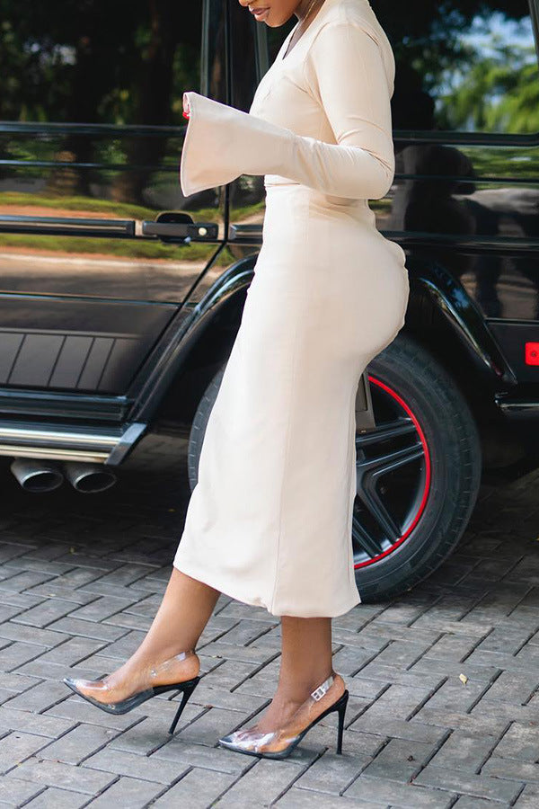 Spring And Autumn White Long Sleeve Solid Color Long Bodycon Dress