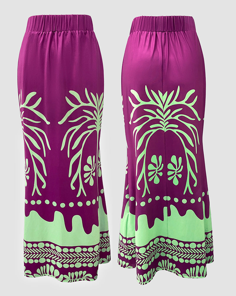 Women Printed Lantern Sleeve Top and Fishtail Skirt Two-Piece Set 5