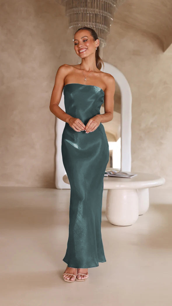 Summer Style Bright Solid Color Strapless Sexy Long Dress 11