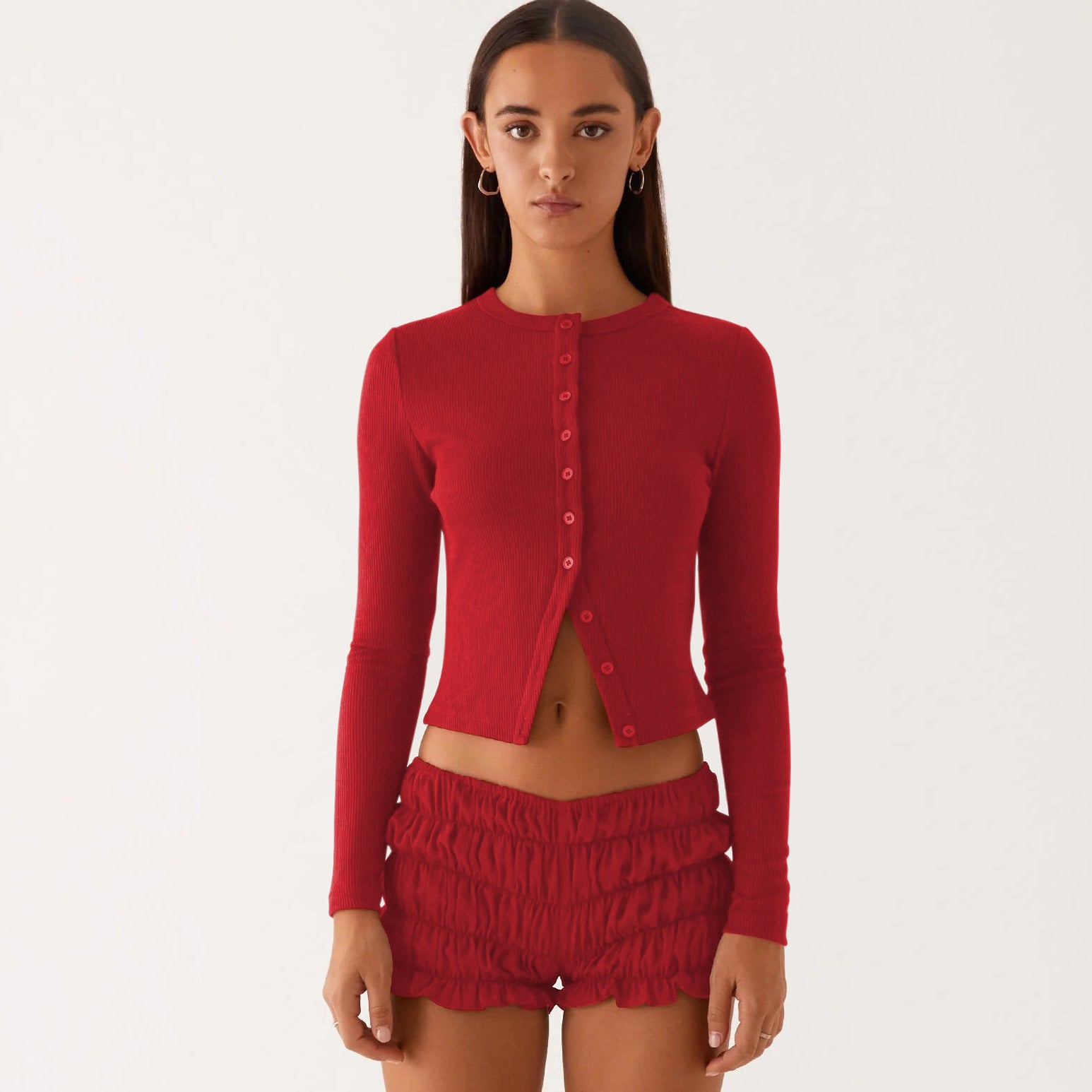 Spring and Summer Women's Solid Color Slim Long Button Cardigan Top 12