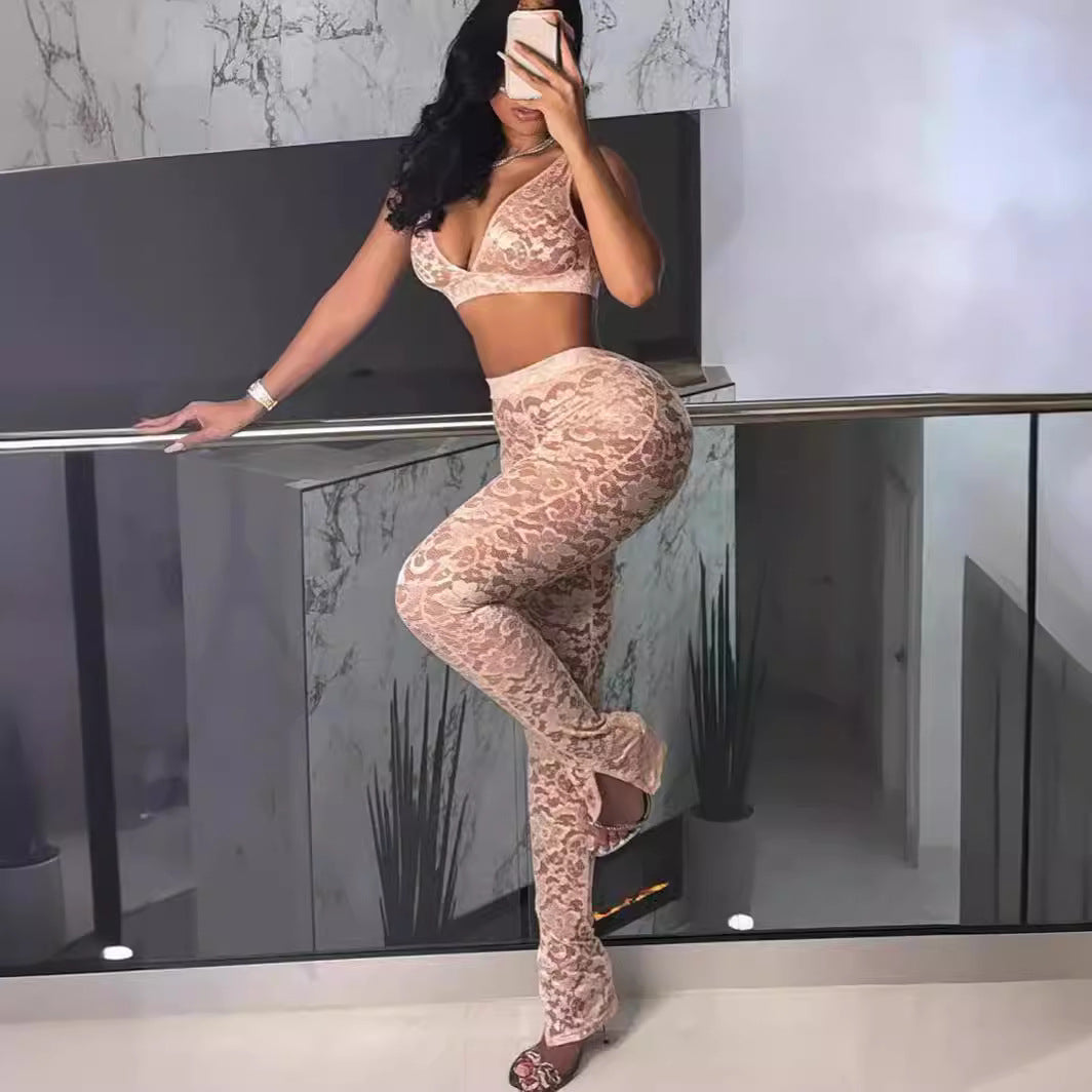 Women's sexy lace women's two-piece pants set 4