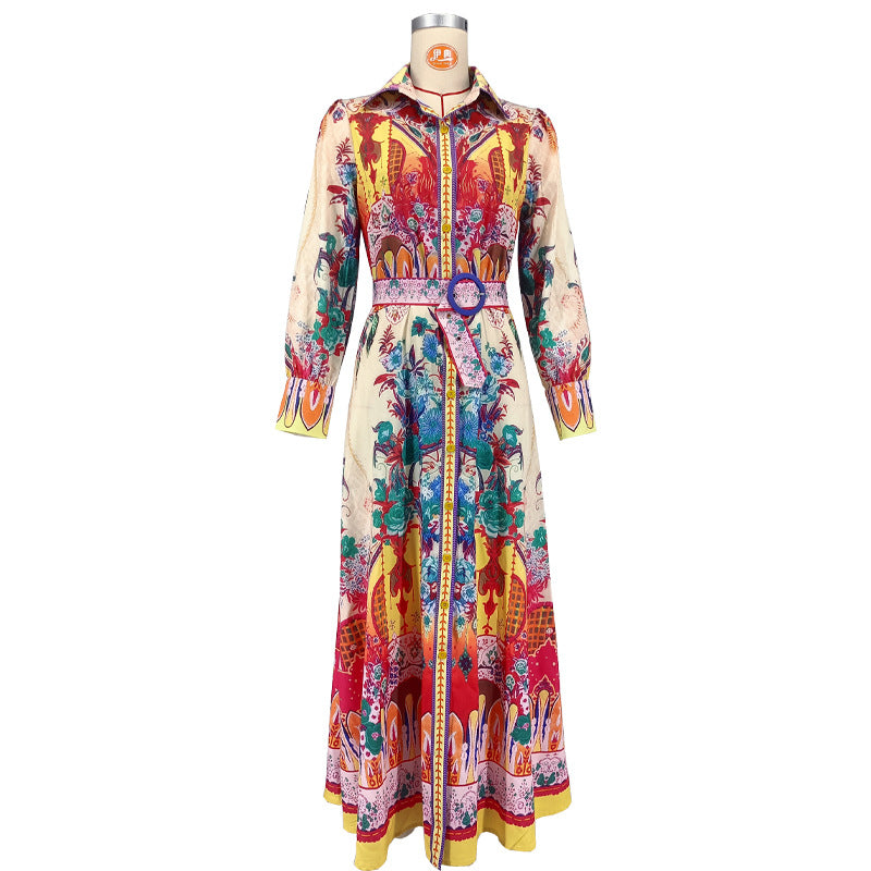 Women's Autumn Turn-Down Collar Lantern Sleeve Slim Waist Painting Print Casual Dress 3