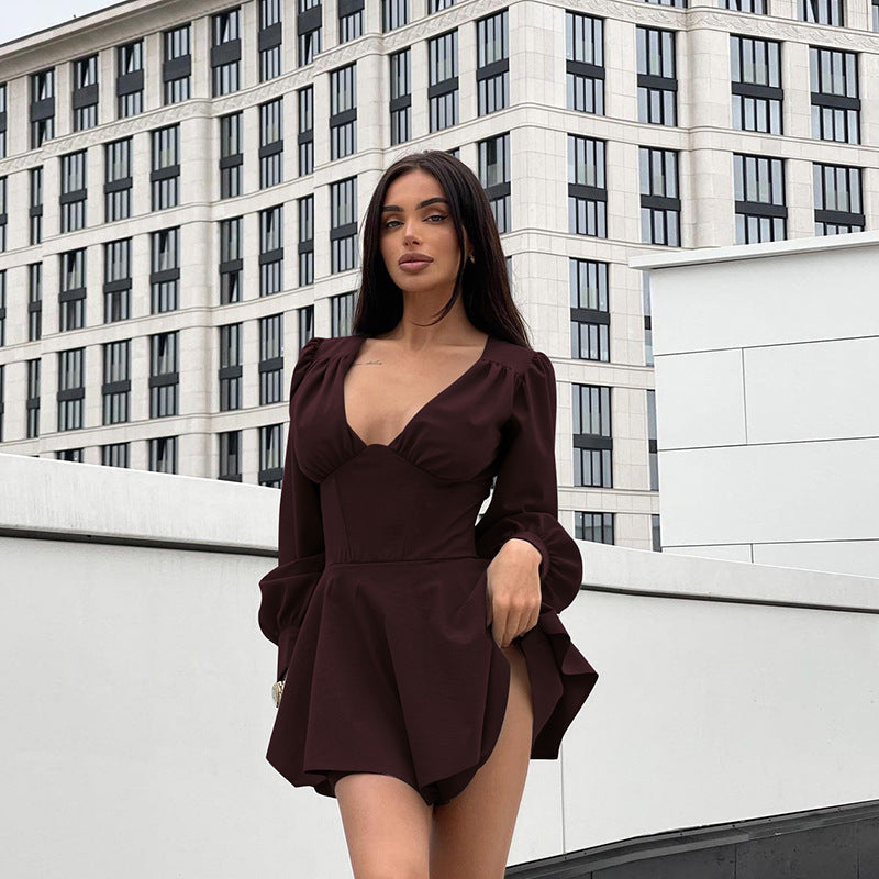 Women Fall V-Neck Gathered Bodycon Dress 4