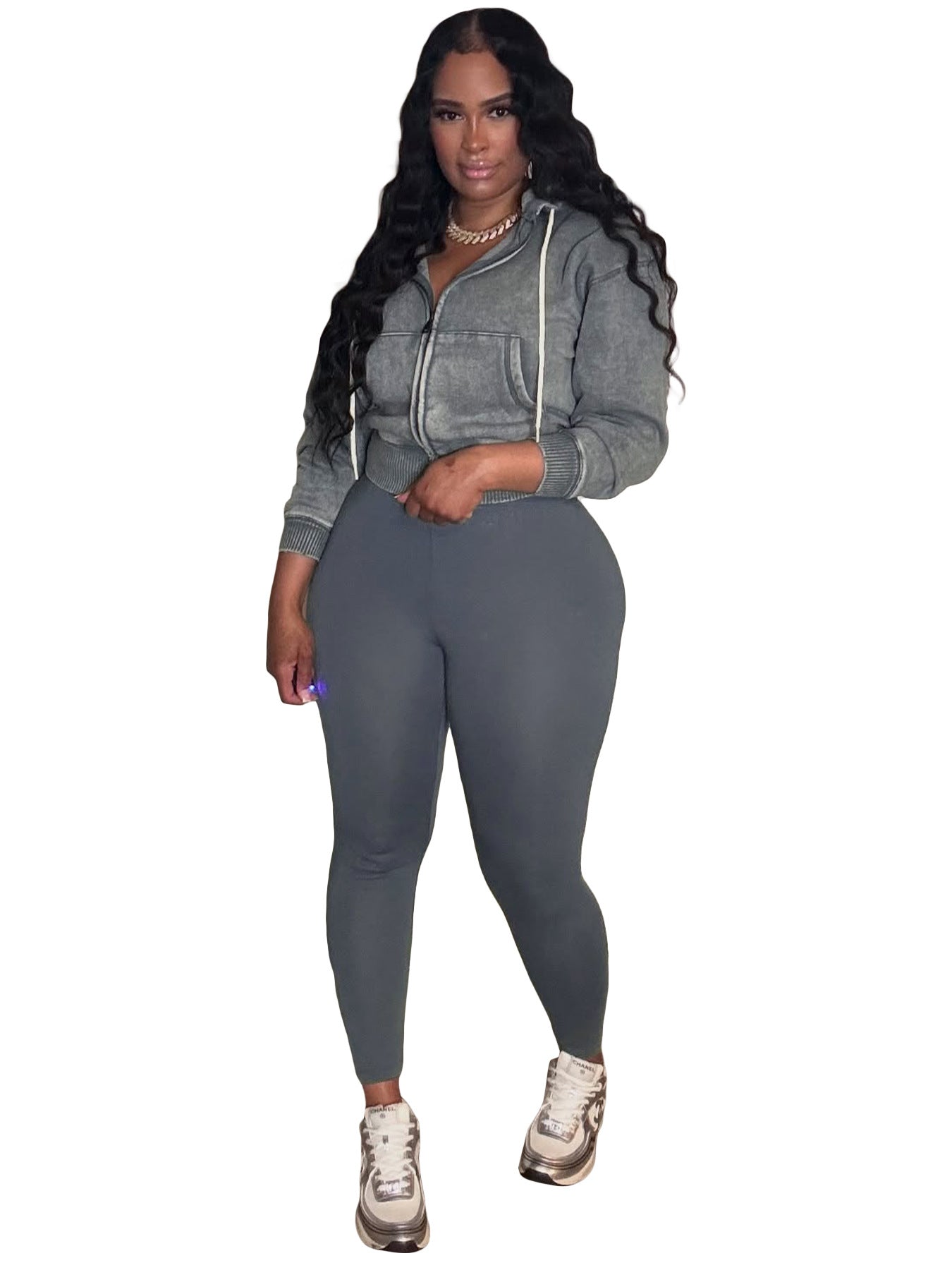 Fashion Women's Washed Zipper Hooded Top Yoga Pants Sport Casual Two-Piece Set 28