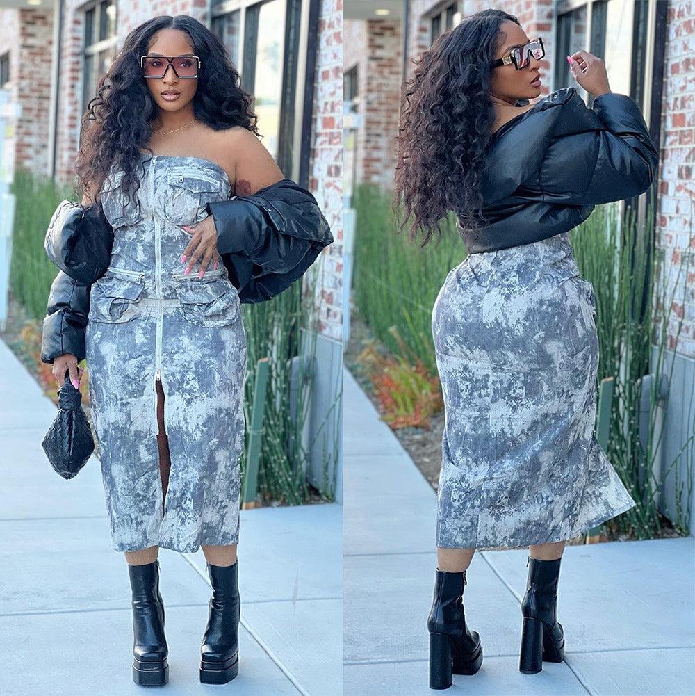 Women Street Sexy Multi-Pocket Strapless Zipper Dress 3