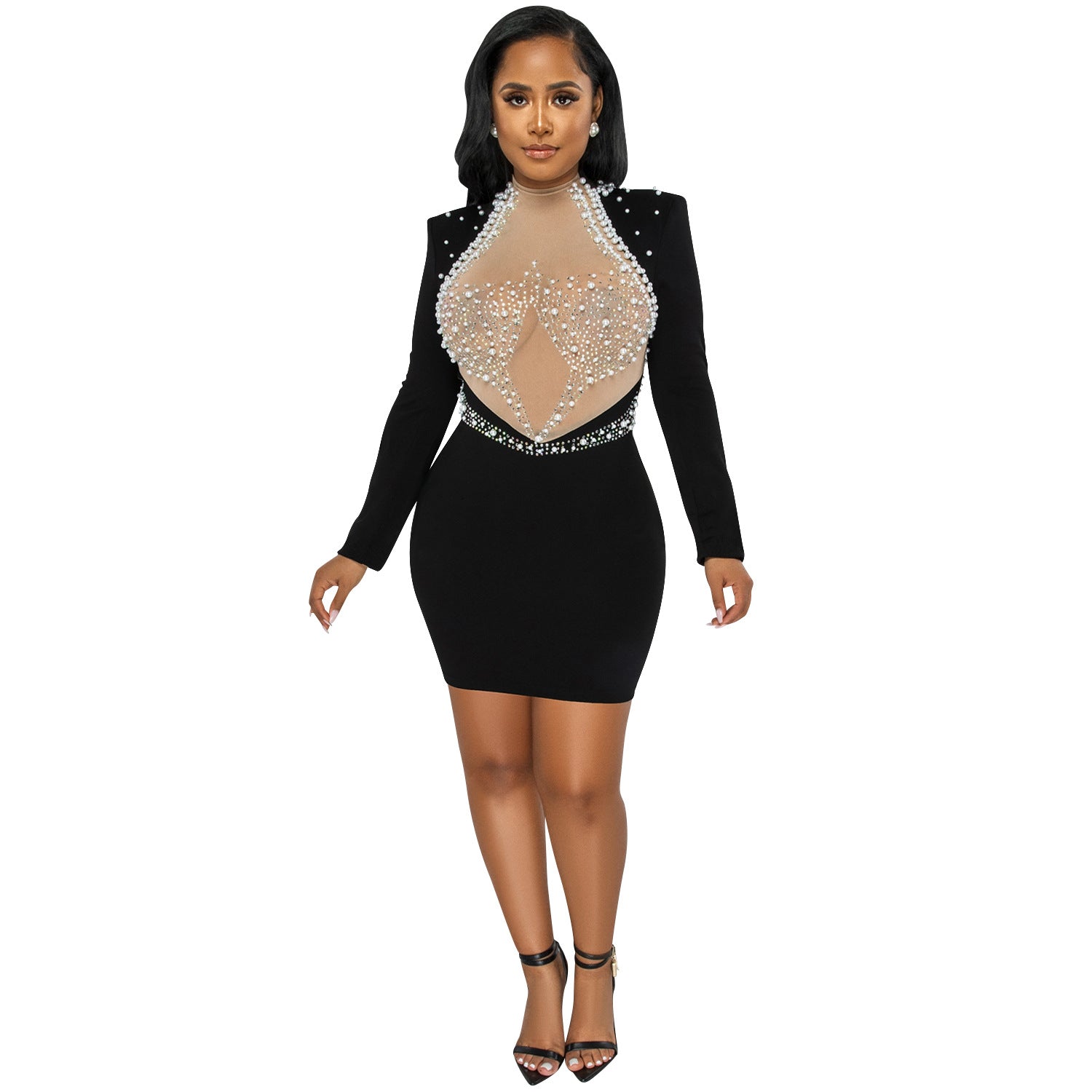 Fashion Sexy Nightclub Beaded Mesh See-Through Bubble Beads Low Back Long Sleeve Mid Skirt Dress Women 9