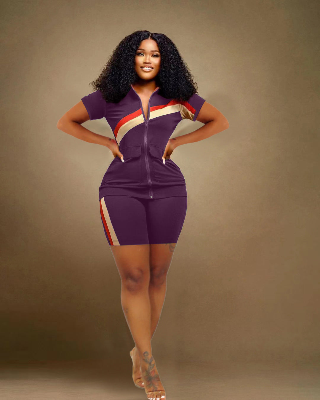 Women's Sports Casual Fashion Zip Pocket Top Shorts Two-Piece Set 5