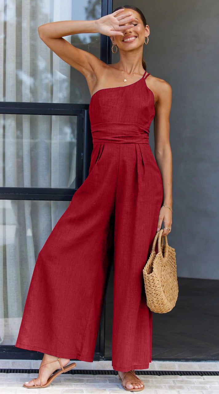 Women's Spring/Summer Solid Color Loose Wide Leg Linen Jumpsuit 33