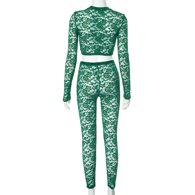 Women autumn lace Crop sexy long-sleeved Top and Pand Two Piece Set 8