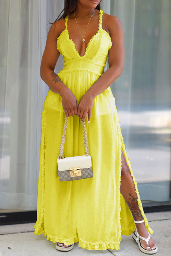 Women's Sexy V-Neck Strap Ruffle Slit Loose Jumpsuit 4