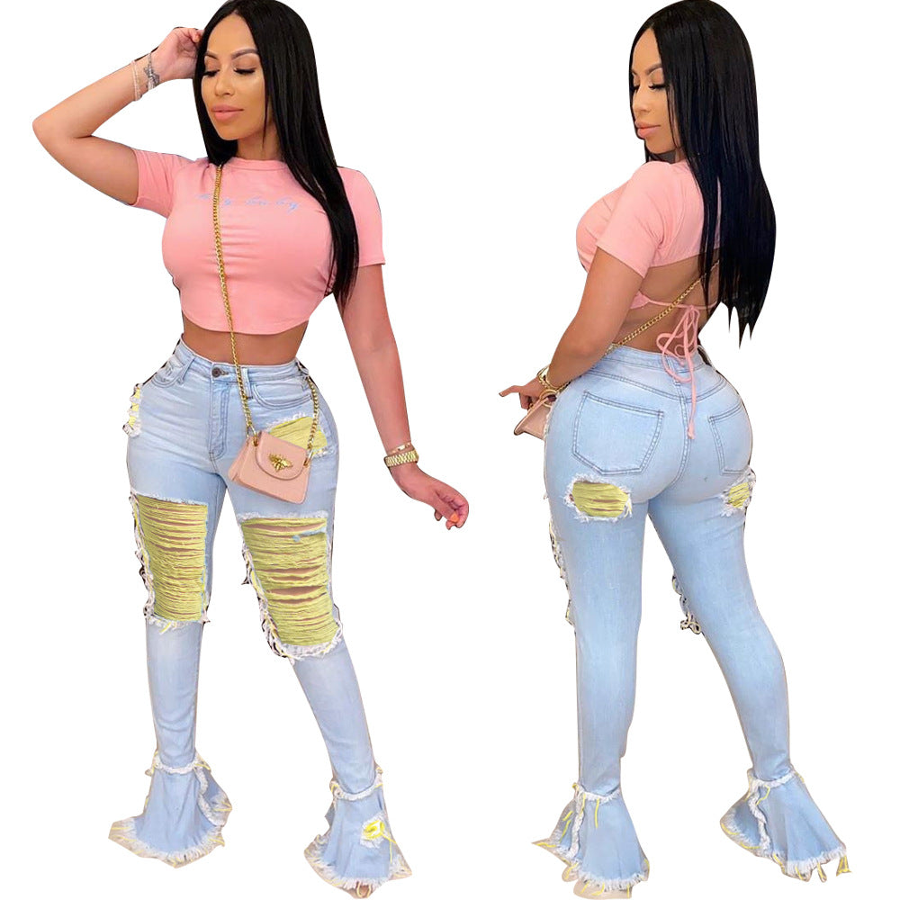 Women Ripped Tassel Denim Bell Bottom Pants 8