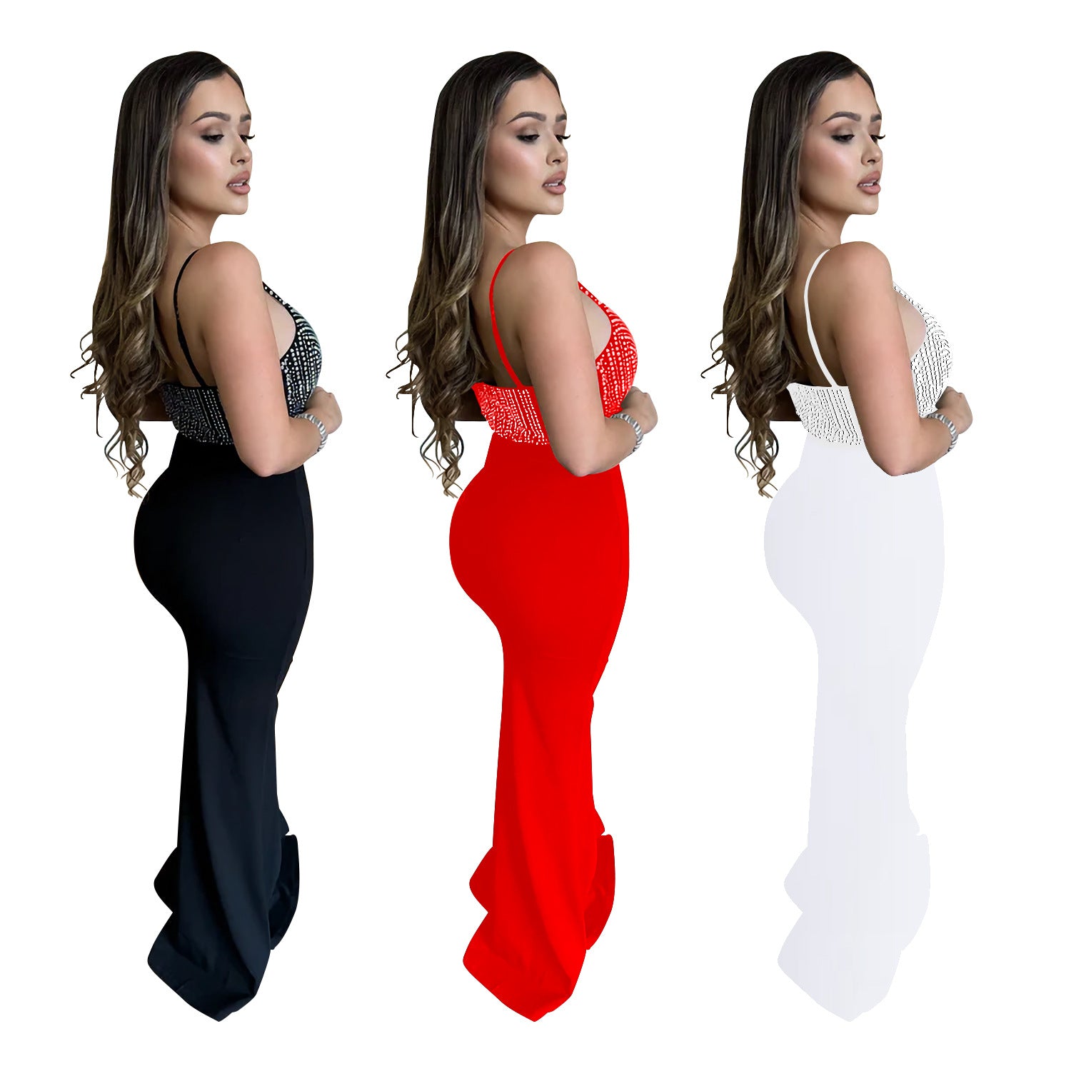 Fashionable Women's Strap V-Neck Beaded Slit Long Dress 7