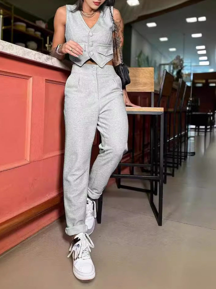 Women's Chic Elegant Solid Color Crop Top High Waist Pants Two-Piece Set 3