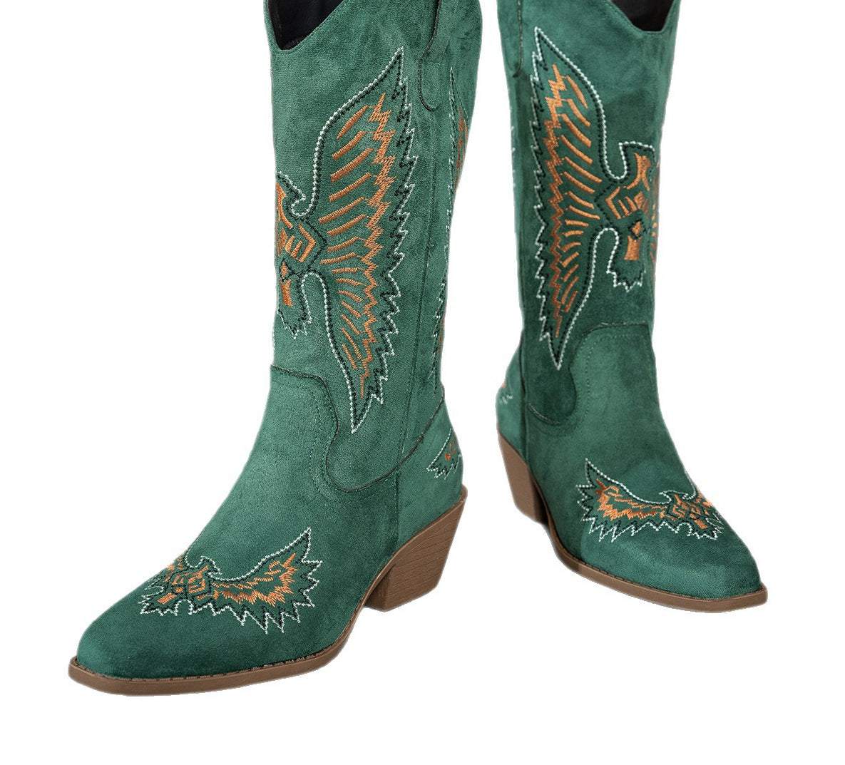 Women's Fashion Autumn Winter Mid Heel Round Toe Plus Size Embroidered Leather Boots 7