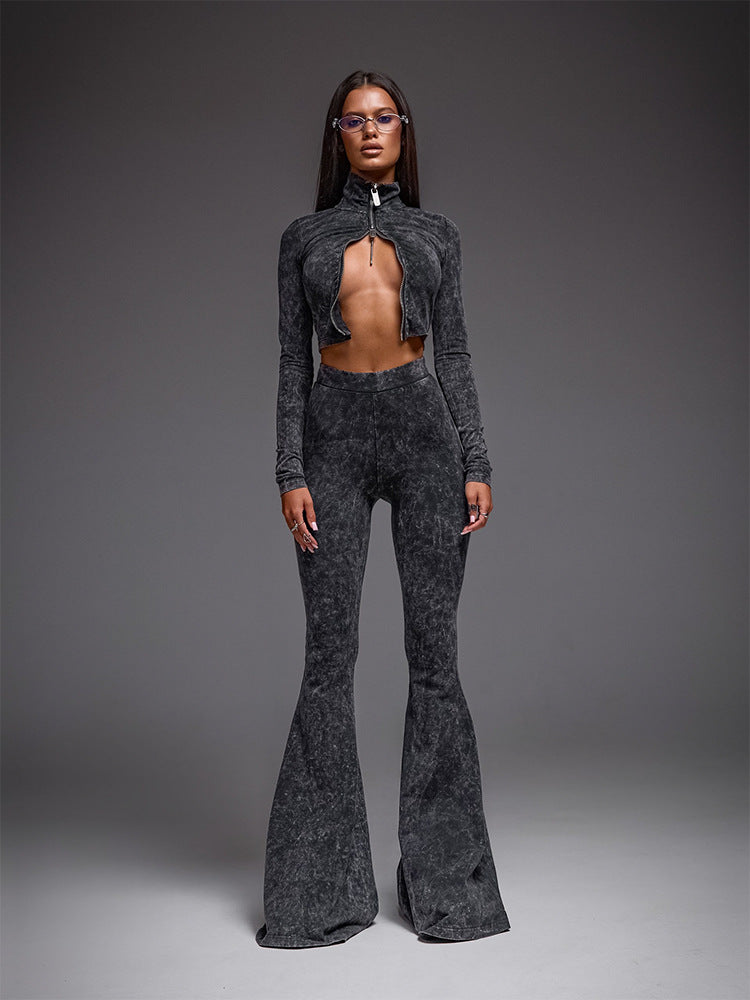 women's autumn fashion trend long sleeve zipper top Slim Fit Bell Bottom pants two piece set 3