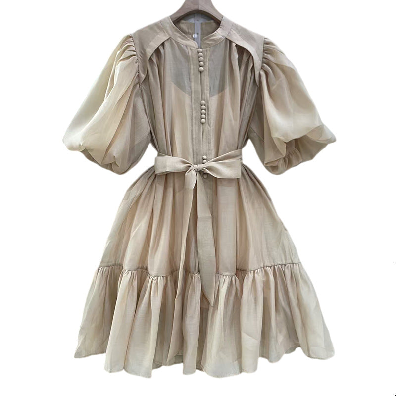 Women Solid Puff Sleeve Short Skirt Lace-Up Dress 4