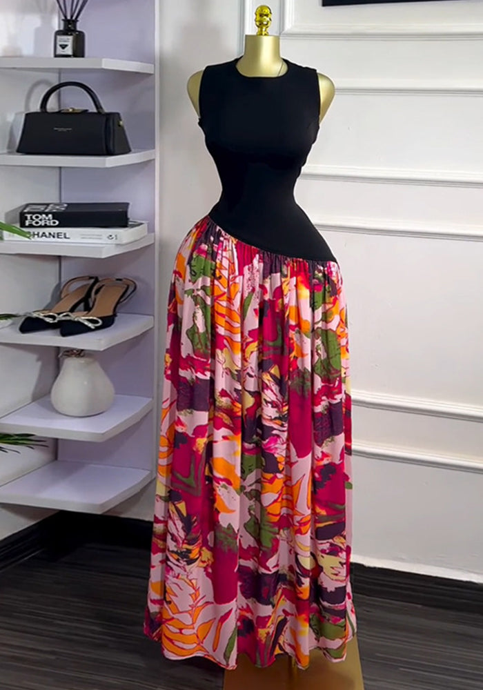 Women's Summer print Round Neck sleeveless high waist A-line long dress