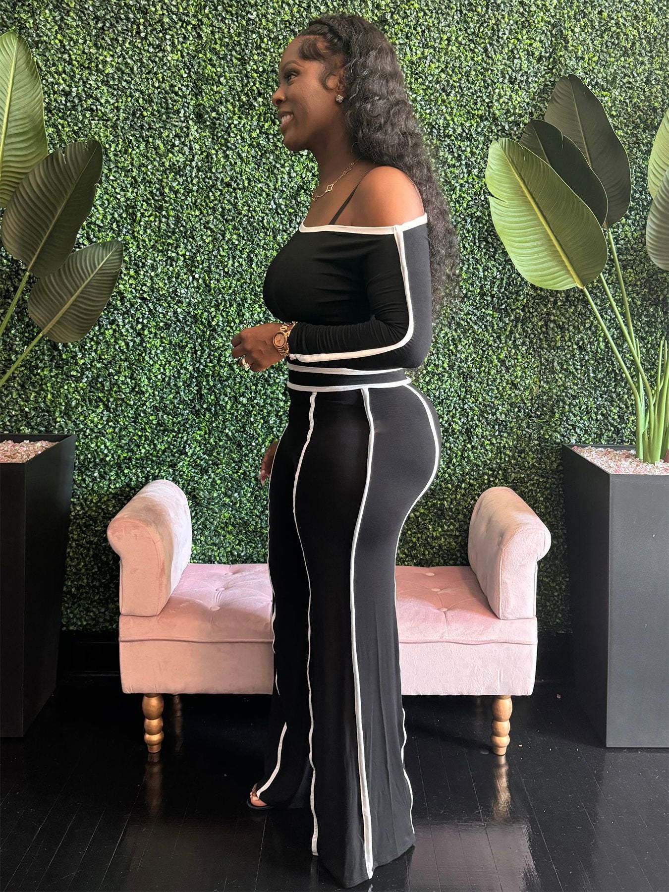 Autumn Women's Clothing Slim Fit Sexy Contrast Color Off Shoulder Long Sleeve Two Piece Pants Set 7